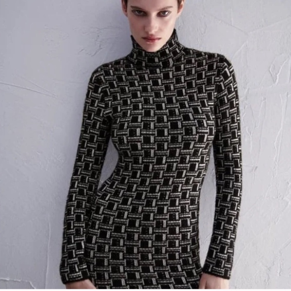 ZARA GEOMETRICAL JACQUARD KNIT DRESS BLACK / WHITE SIZE S